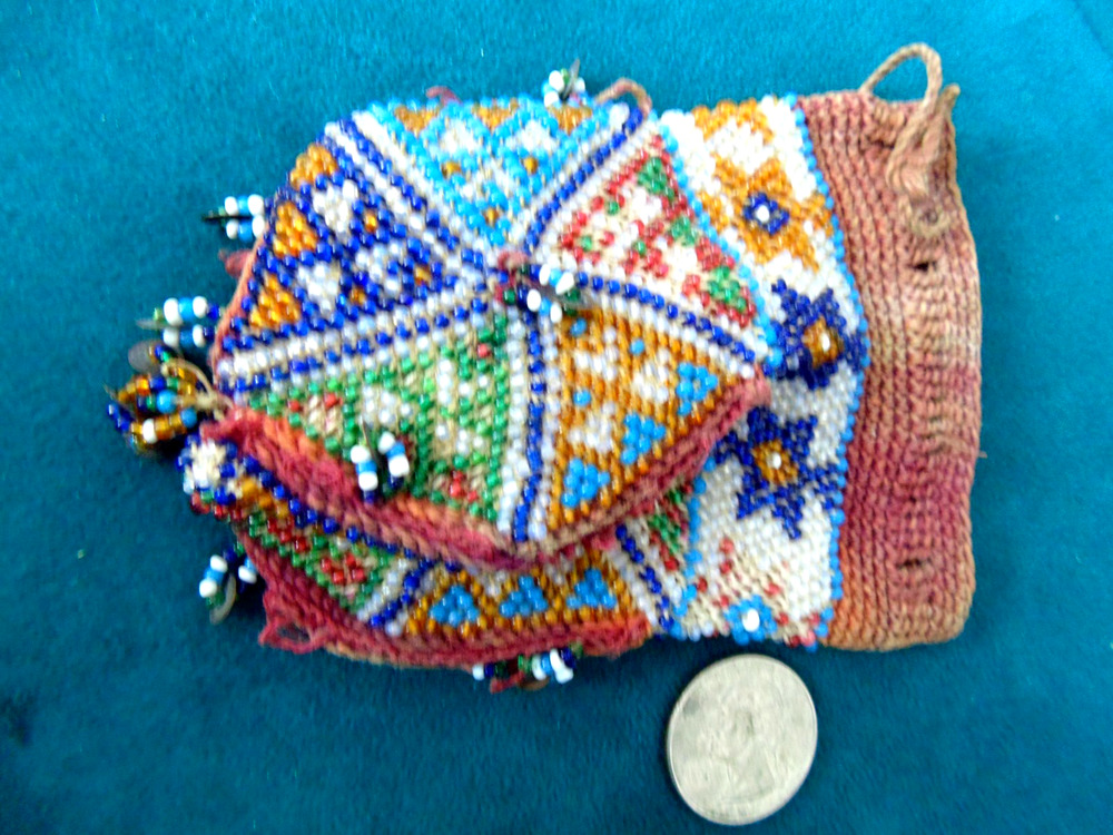 Antique Russian Mini Micro Beaded Bag Pouch Drawstring Purse Unusual 4 Corner